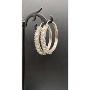 Vintage Nice Signed BR KRN Silver Tone Hoop 1 1/4”Rhinestone Earrings Well Made